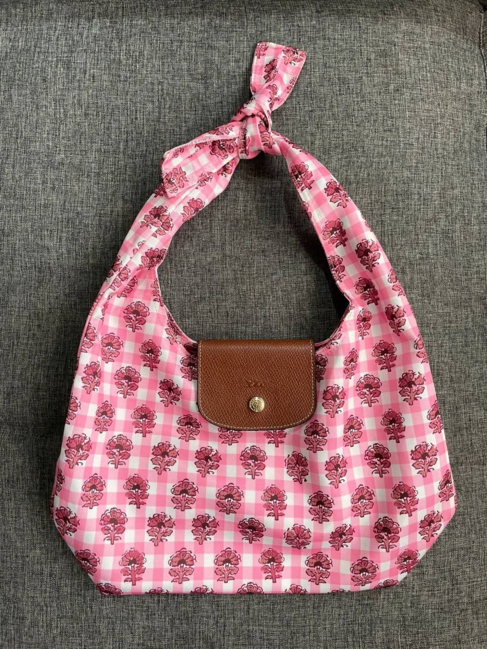 (NWOT)Longchamp Pink Floral Gingham Shoulder Bag with Brown Flap